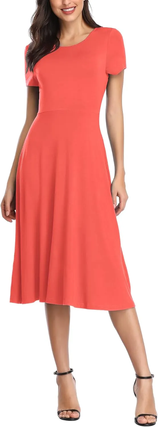 Urban CoCo Women's Vintage Short Sleeve High Waist Flared Midi Casual Summer Dress