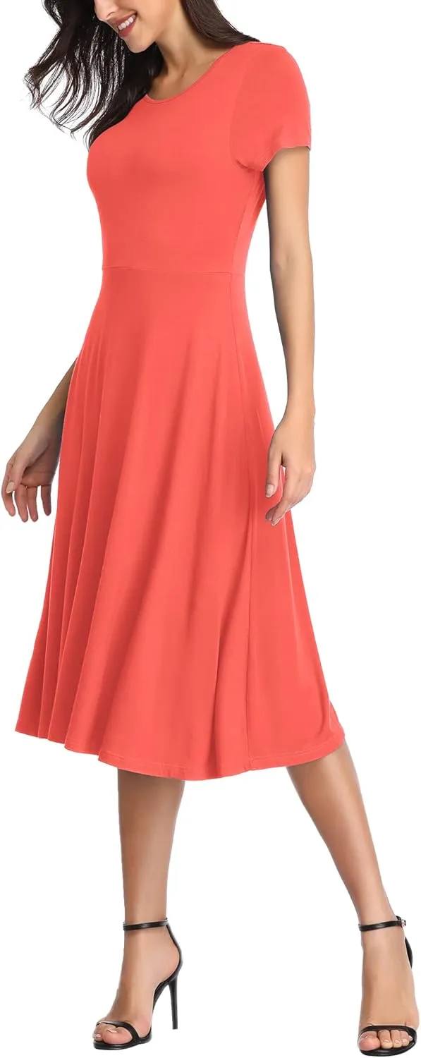 Urban CoCo Women's Vintage Short Sleeve High Waist Flared Midi Casual Summer Dress