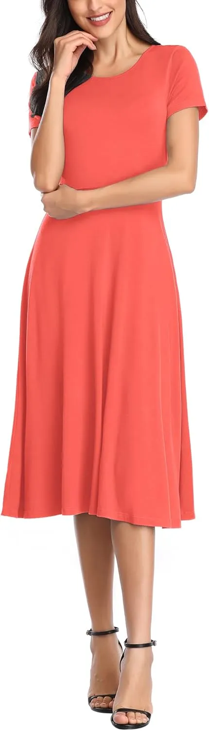 Urban CoCo Women's Vintage Short Sleeve High Waist Flared Midi Casual Summer Dress