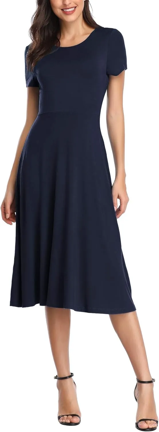 Urban CoCo Women's Vintage Short Sleeve High Waist Flared Midi Casual Summer Dress