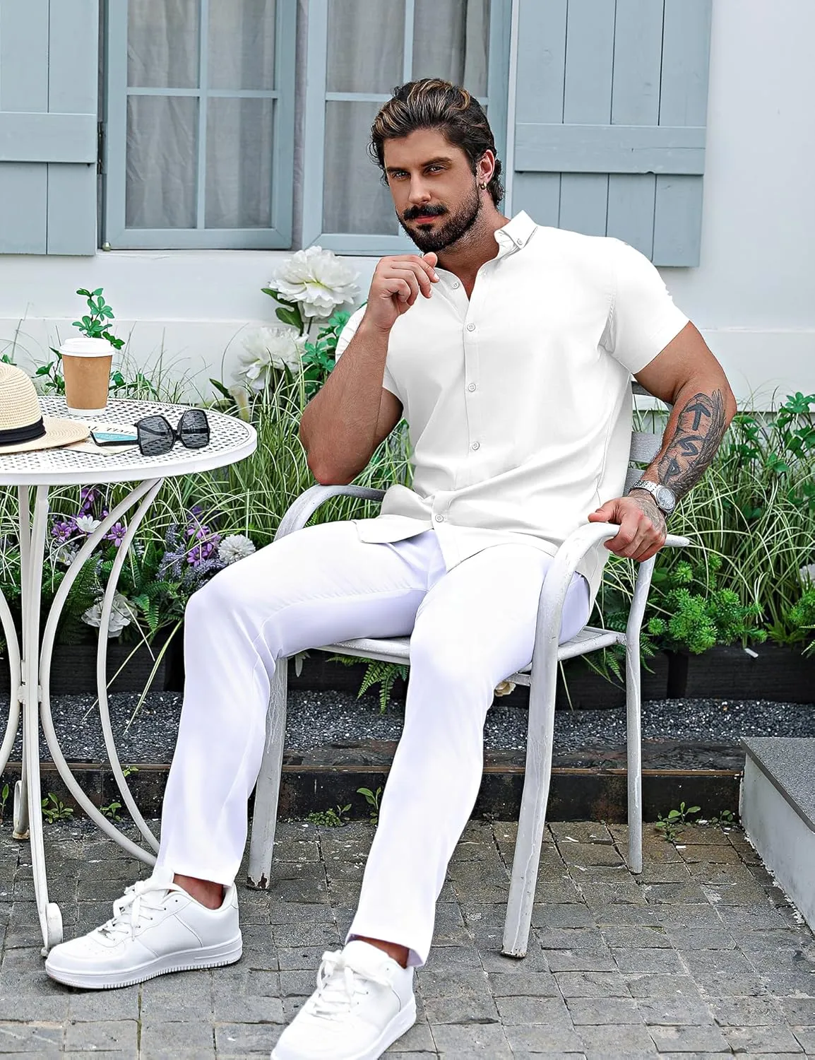 URRU Men's Muscle Dress Shirts Slim Fit Stretch Long&Short Sleeve Casual Button Down Shirt