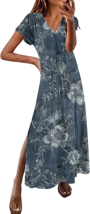 Vacation Dresses for Women 2025 Vintage Printed Fashion Dresses Summer Spring Short Sleeve V-Neck Slit Long Dress