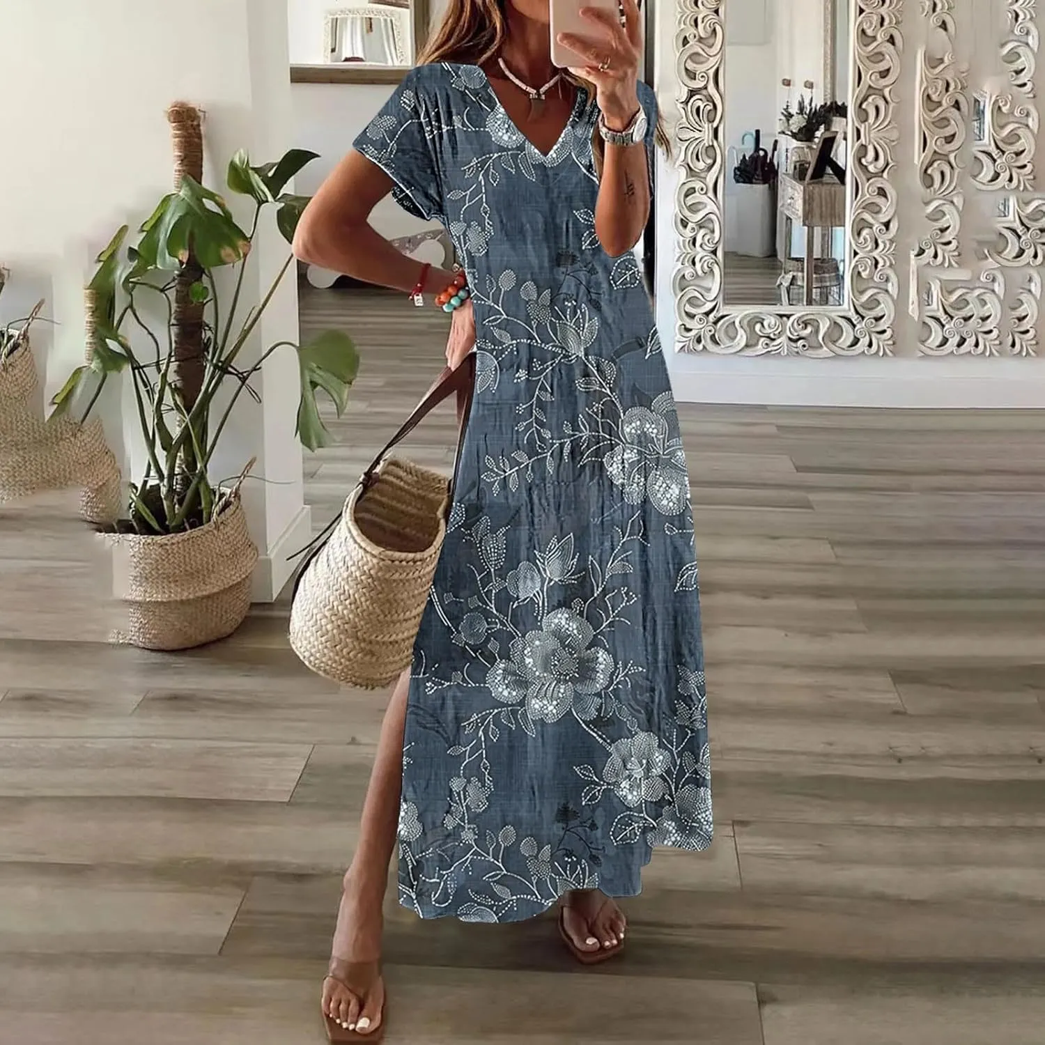 Vacation Dresses for Women 2025 Vintage Printed Fashion Dresses Summer Spring Short Sleeve V-Neck Slit Long Dress