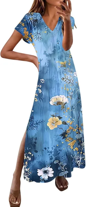 Vacation Dresses for Women 2025 Vintage Printed Fashion Dresses Summer Spring Short Sleeve V-Neck Slit Long Dress