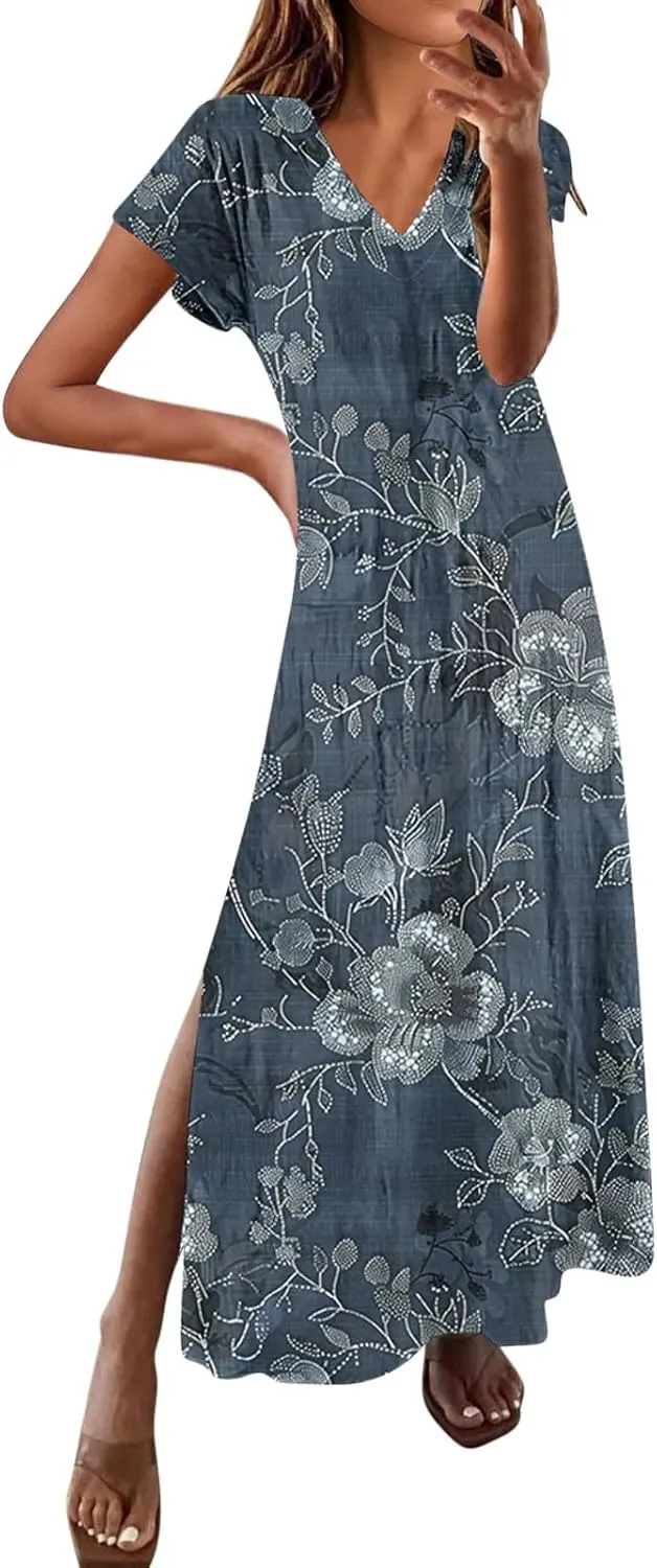 Vacation Dresses for Women 2025 Vintage Printed Fashion Dresses Summer Spring Short Sleeve V-Neck Slit Long Dress