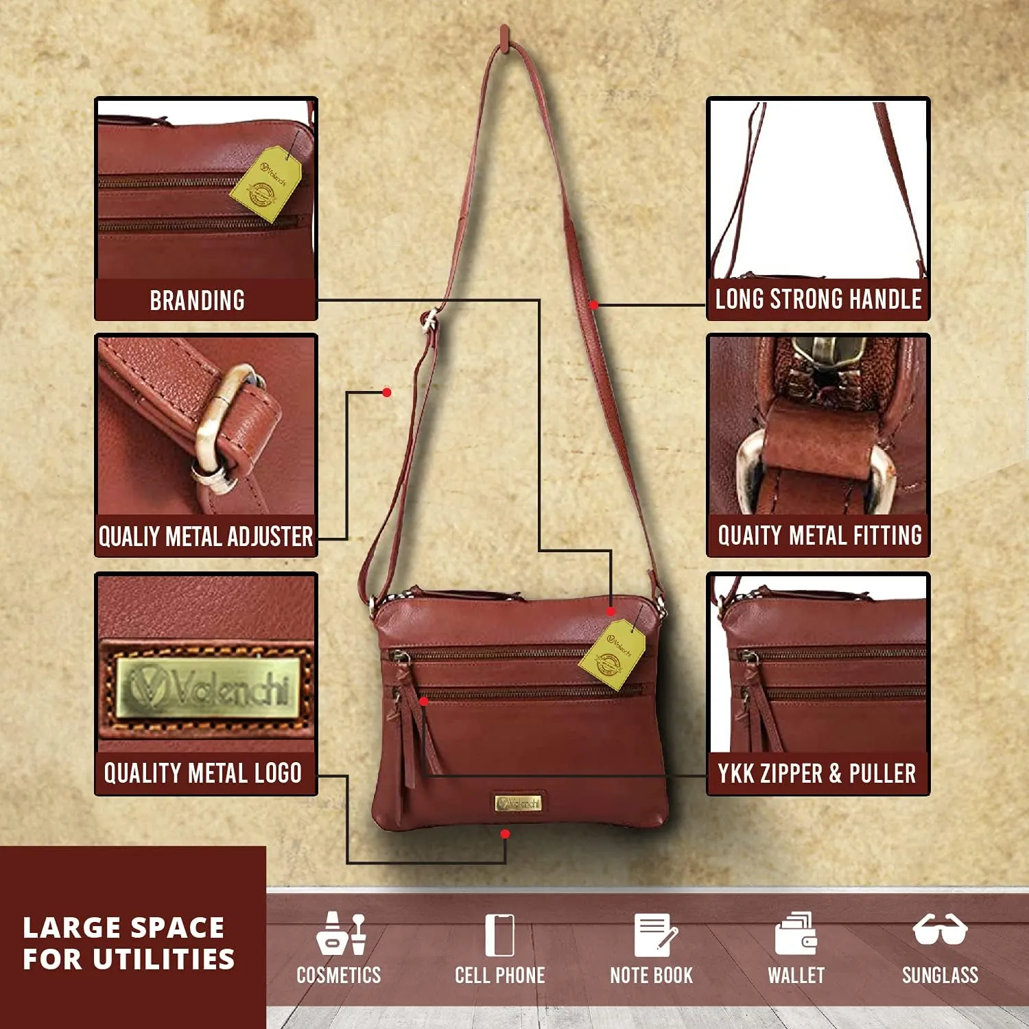 VALENCHI Women's Crossbody Handbags - Premium Leather Bags for Women - Everyday Purse with Adjustable Strap - Ladies Bag