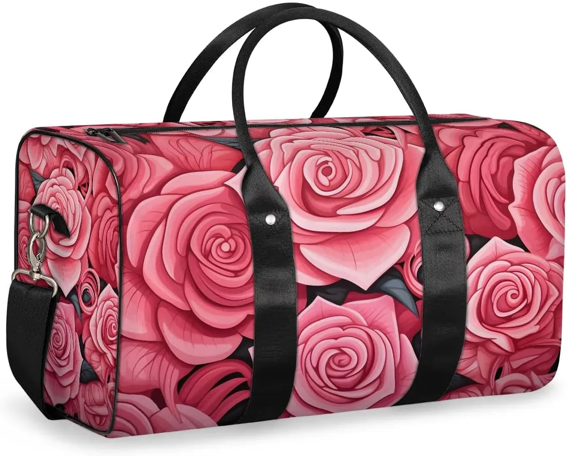 Valentine Flower Rose Travel Duffel Bag for Women Men Waterproof Foldable Overnight Weekender Bag Large Capacity Sports Gym Bag