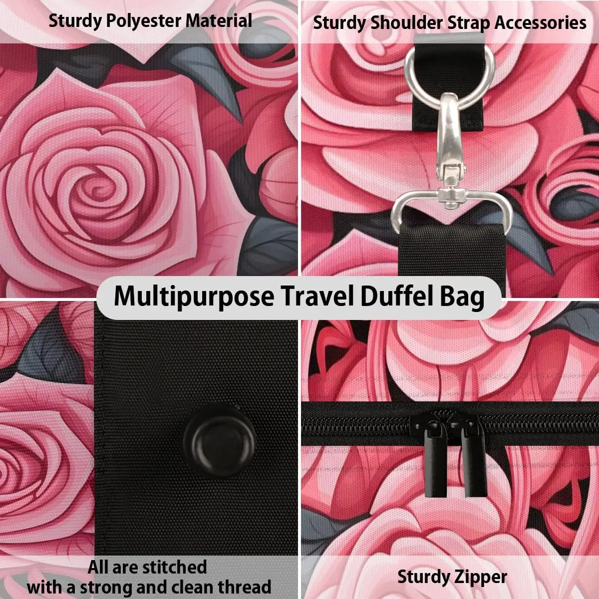 Valentine Flower Rose Travel Duffel Bag for Women Men Waterproof Foldable Overnight Weekender Bag Large Capacity Sports Gym Bag
