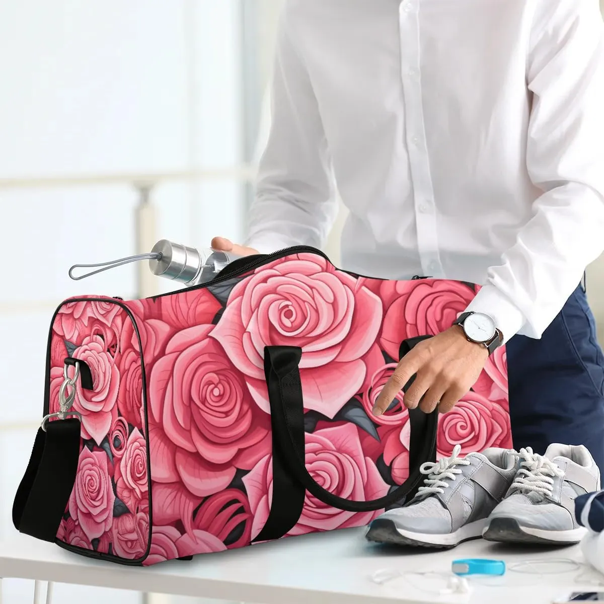 Valentine Flower Rose Travel Duffel Bag for Women Men Waterproof Foldable Overnight Weekender Bag Large Capacity Sports Gym Bag