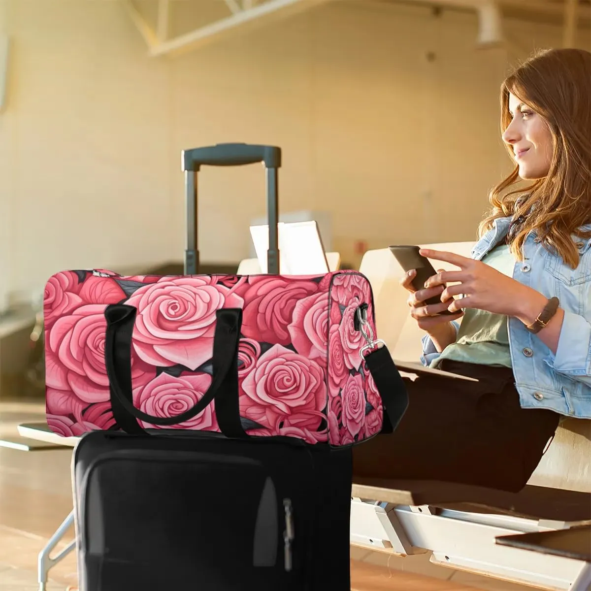 Valentine Flower Rose Travel Duffel Bag for Women Men Waterproof Foldable Overnight Weekender Bag Large Capacity Sports Gym Bag