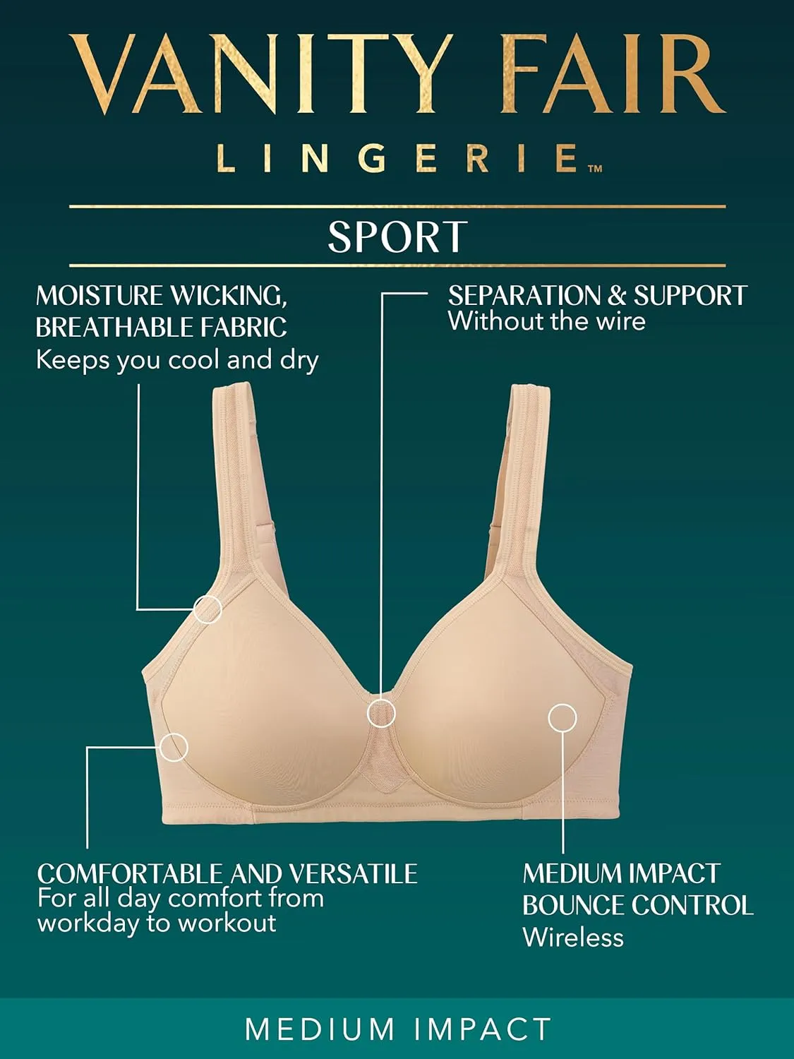 Vanity Fair Women's Medium Impact Sports Bras for Women, Breathable, Moisture Wicking, Padded Cups up to DDD