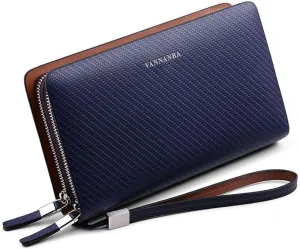 VANNANBA Mens Clutch Leather Clutch Business Large Clutch with Double Zip Handbag Long Wallet (Blue)