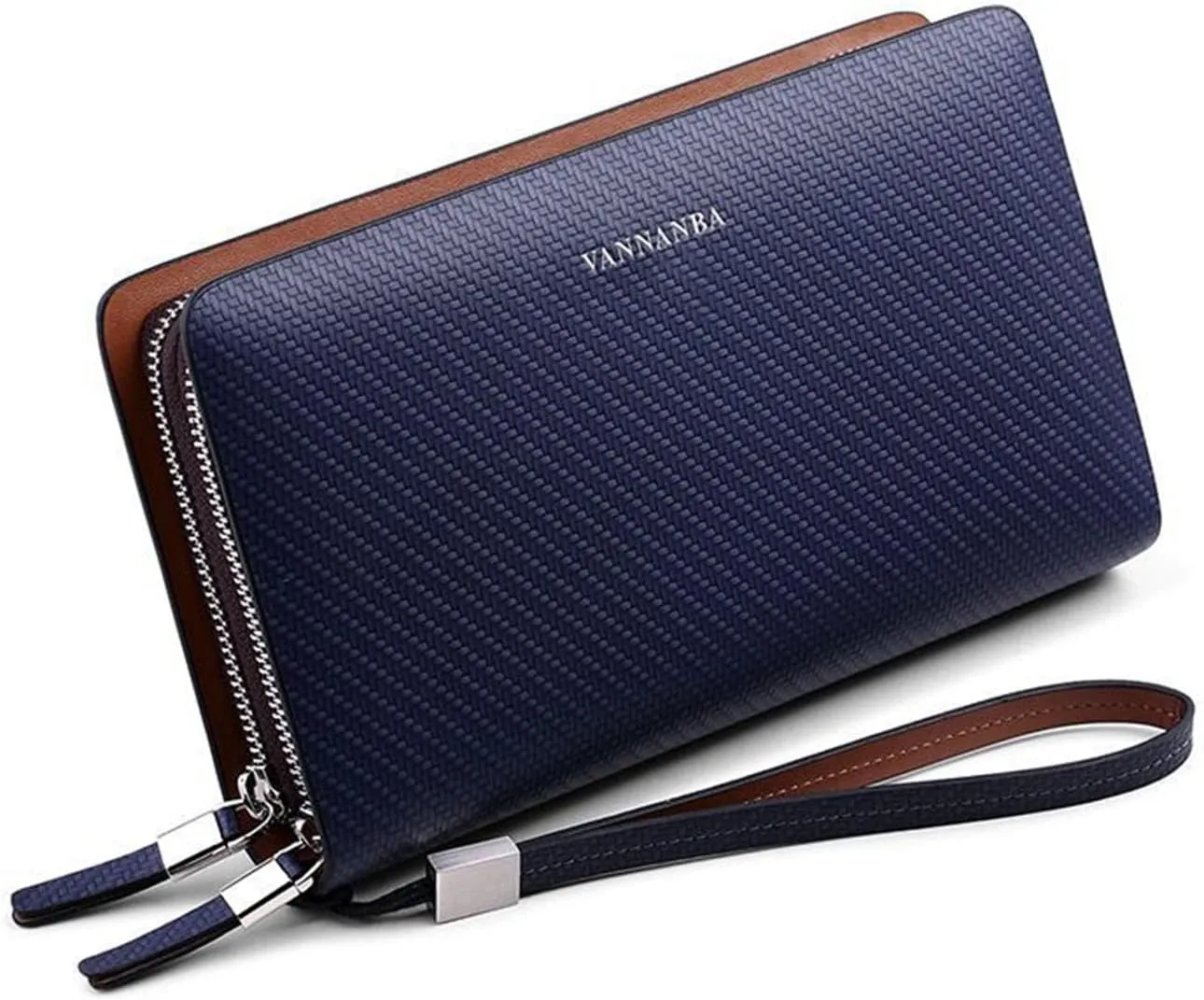 VANNANBA Mens Clutch Leather Clutch Business Large Clutch with Double Zip Handbag Long Wallet (Blue)