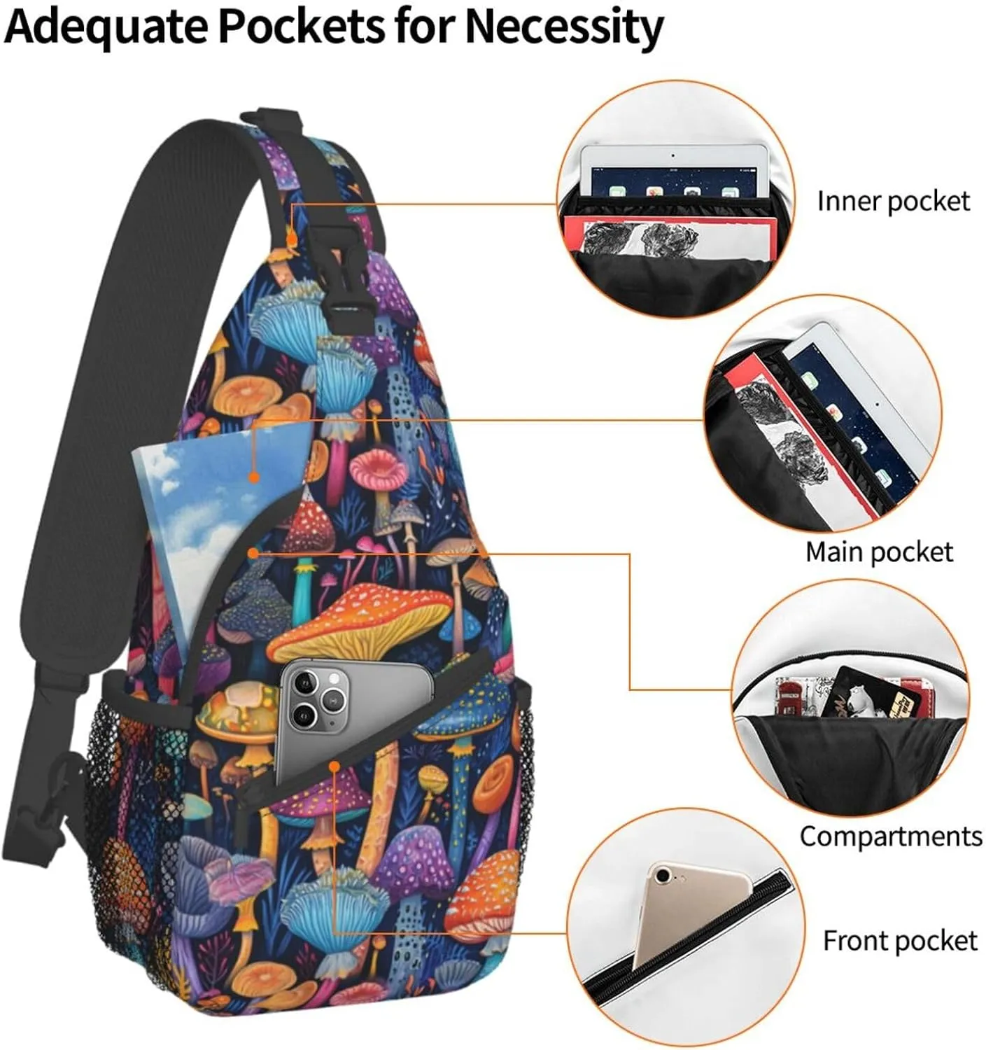 Various-Cartoon Mushrooms Pattern Sling Backpack Hiking Backpack Crossbody Bag Sports Lightweight And waterproof Chest Bag Shoulder Bag For Women Men