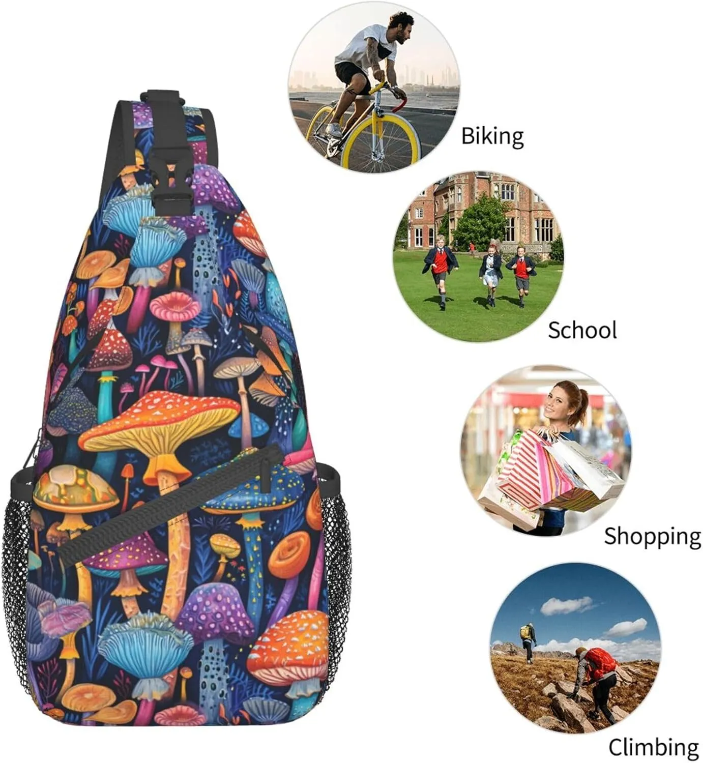 Various-Cartoon Mushrooms Pattern Sling Backpack Hiking Backpack Crossbody Bag Sports Lightweight And waterproof Chest Bag Shoulder Bag For Women Men