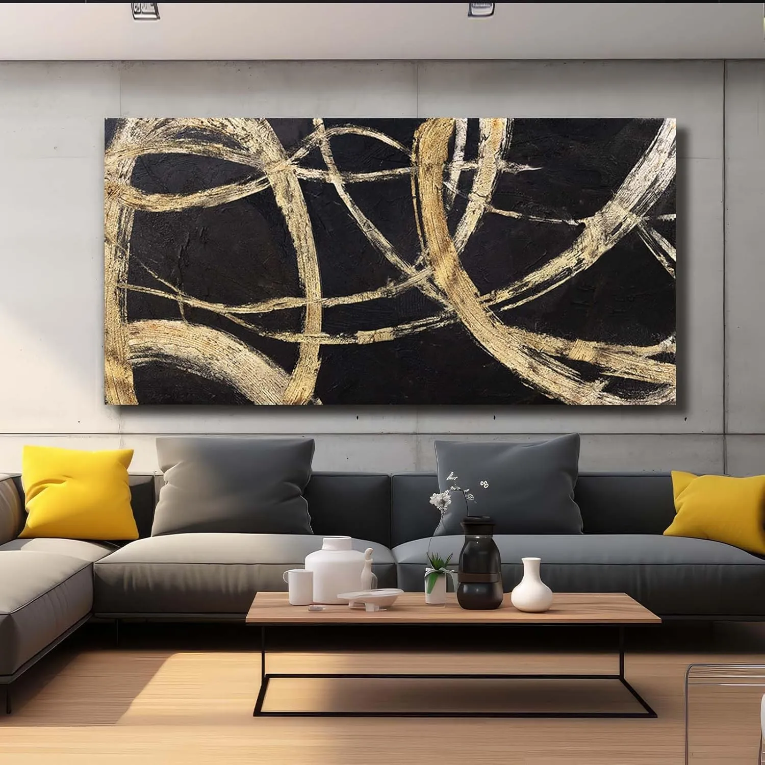 VAYIMDH Black And Gold Pictures for Living Room Black Wall Decor Minimalist Wall Decorations Abstract Wall Paintings 29"x 58" for Office