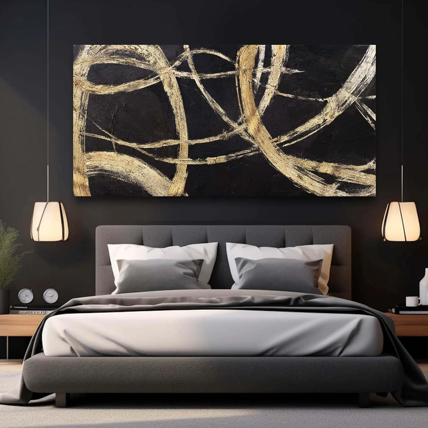 VAYIMDH Black And Gold Pictures for Living Room Black Wall Decor Minimalist Wall Decorations Abstract Wall Paintings 29"x 58" for Office
