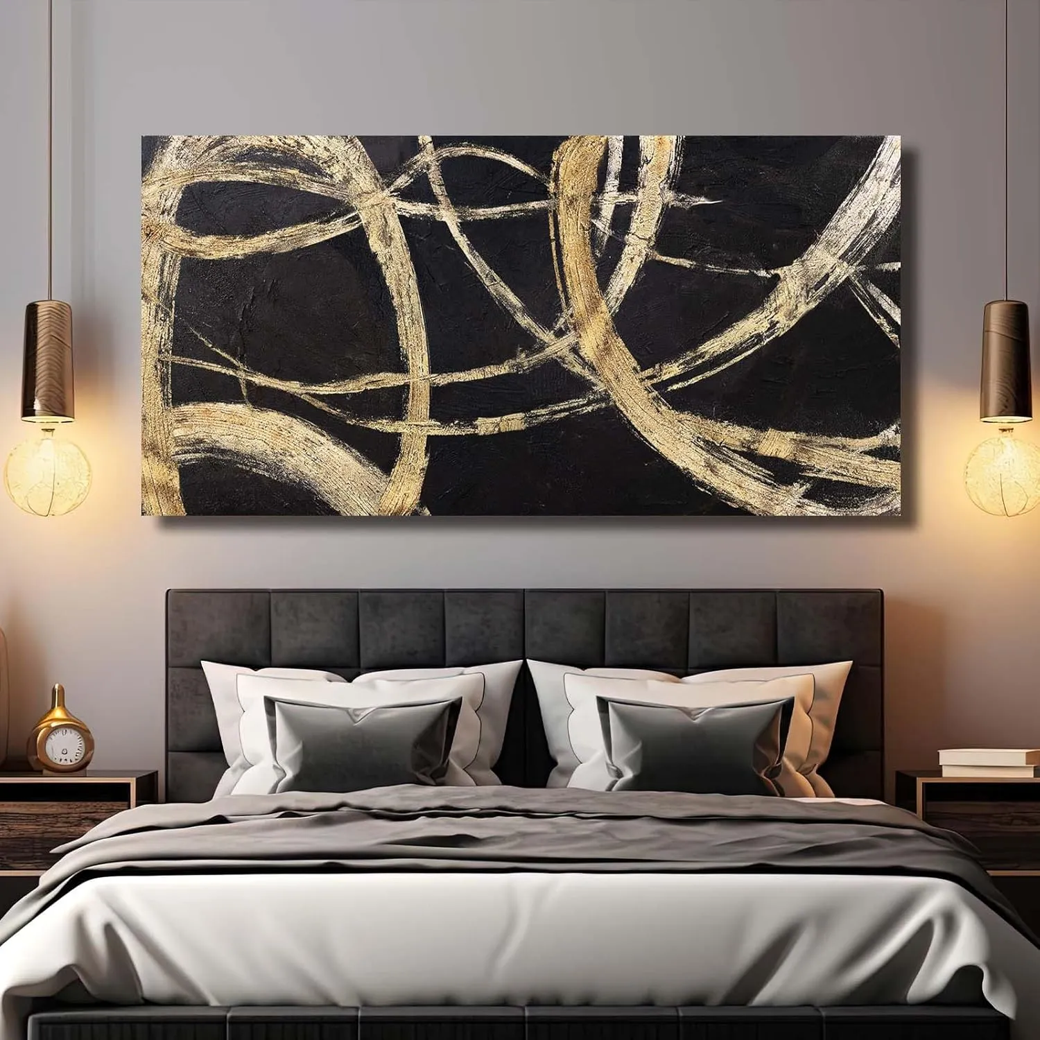 VAYIMDH Black And Gold Pictures for Living Room Black Wall Decor Minimalist Wall Decorations Abstract Wall Paintings 29"x 58" for Office