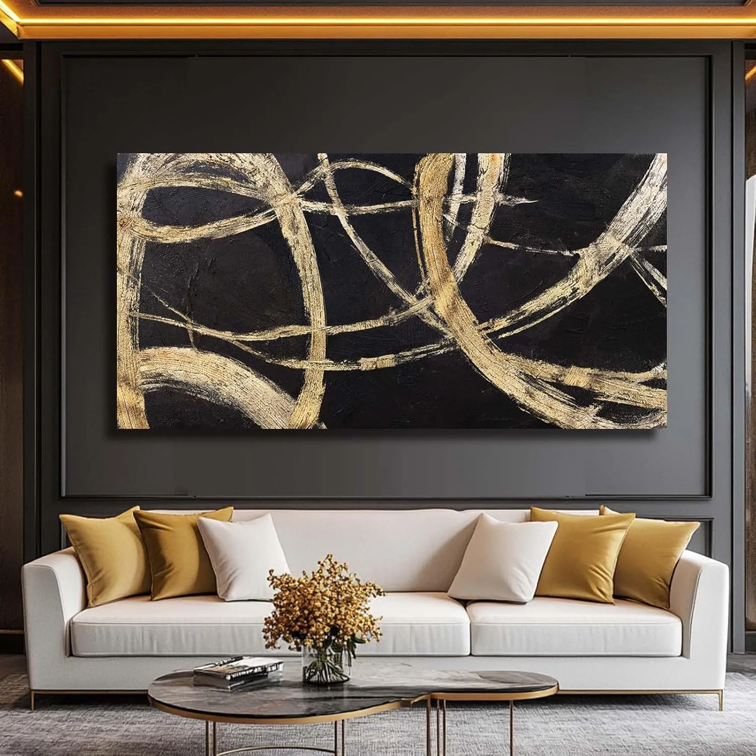 VAYIMDH Black And Gold Pictures for Living Room Black Wall Decor Minimalist Wall Decorations Abstract Wall Paintings 29"x 58" for Office