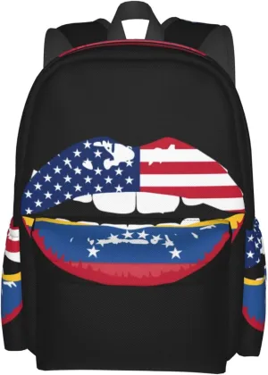 Venezuelan Venezuela American Flag Lips Casual Backpack Large Capacity Travel Backpacks Laptop Daypack Commuter Rucksack Adjustable Strap Sports Bags for Hiking Biking