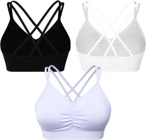 VEQKING Ruched Strappy Sports Bras for Women Seamless Medium Support Padded Breathable Yoga Bra 3 Pack