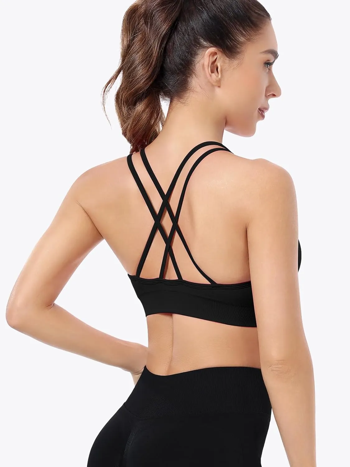 VEQKING Ruched Strappy Sports Bras for Women Seamless Medium Support Padded Breathable Yoga Bra 3 Pack