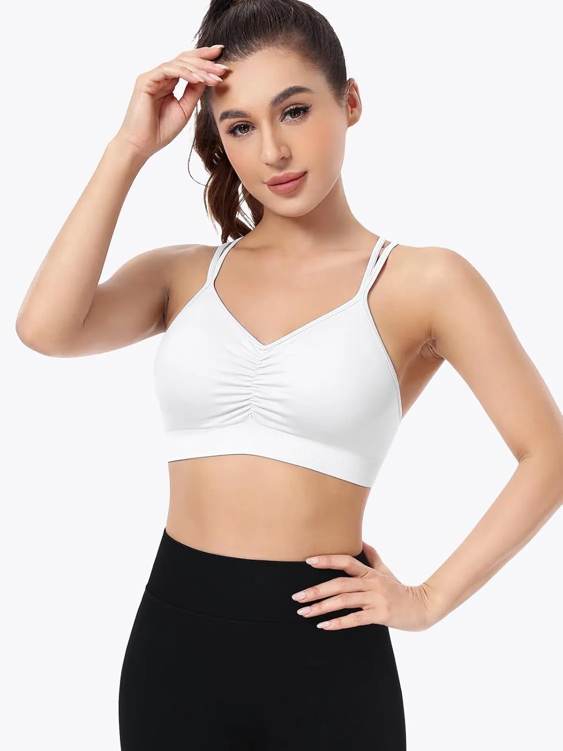 VEQKING Ruched Strappy Sports Bras for Women Seamless Medium Support Padded Breathable Yoga Bra 3 Pack