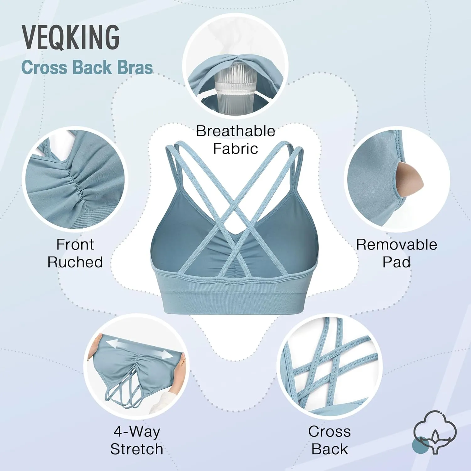 VEQKING Ruched Strappy Sports Bras for Women Seamless Medium Support Padded Breathable Yoga Bra 3 Pack