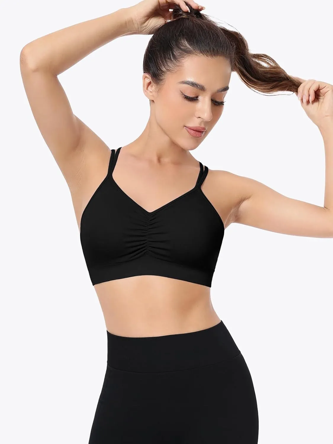 VEQKING Ruched Strappy Sports Bras for Women Seamless Medium Support Padded Breathable Yoga Bra 3 Pack