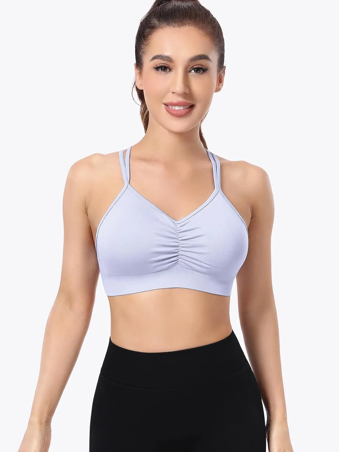 VEQKING Ruched Strappy Sports Bras for Women Seamless Medium Support Padded Breathable Yoga Bra 3 Pack