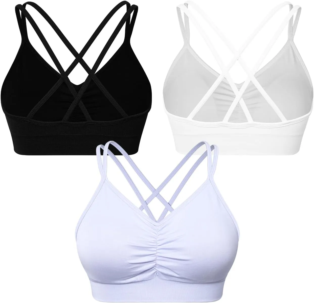 VEQKING Ruched Strappy Sports Bras for Women Seamless Medium Support Padded Breathable Yoga Bra 3 Pack