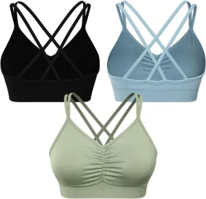 VEQKING Ruched Strappy Sports Bras for Women Seamless Medium Support Padded Breathable Yoga Bra 3 Pack