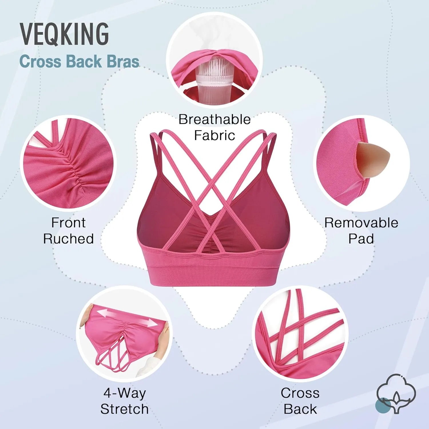VEQKING Ruched Strappy Sports Bras for Women Seamless Medium Support Padded Breathable Yoga Bra 3 Pack