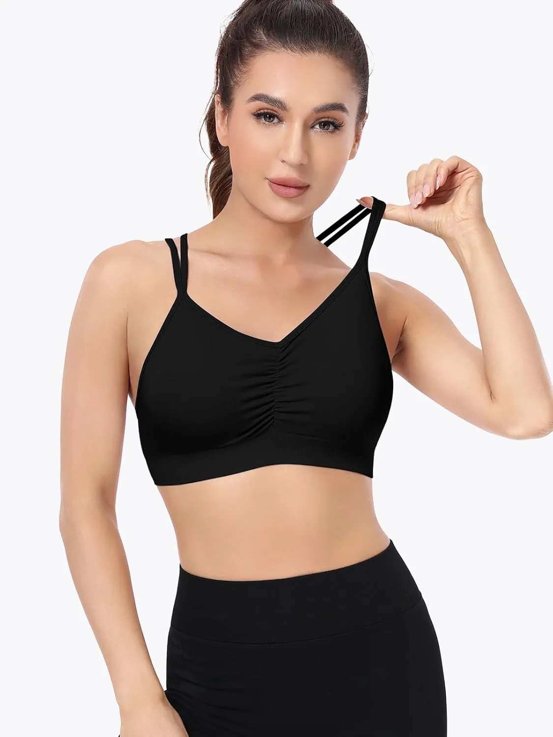 VEQKING Ruched Strappy Sports Bras for Women Seamless Medium Support Padded Breathable Yoga Bra 3 Pack