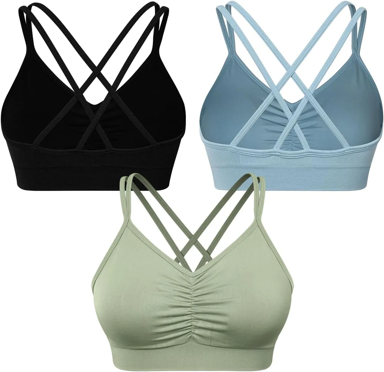 VEQKING Ruched Strappy Sports Bras for Women Seamless Medium Support Padded Breathable Yoga Bra 3 Pack