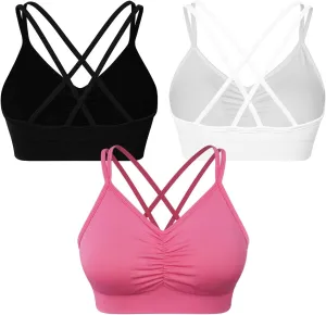 VEQKING Ruched Strappy Sports Bras for Women Seamless Medium Support Padded Breathable Yoga Bra 3 Pack