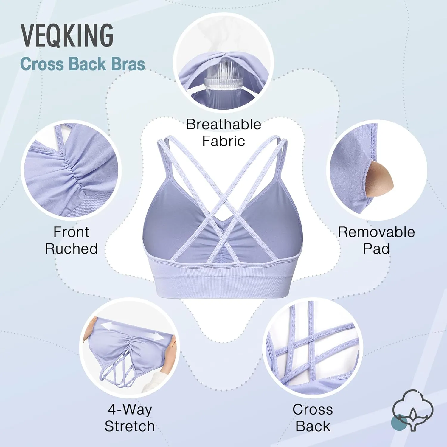 VEQKING Ruched Strappy Sports Bras for Women Seamless Medium Support Padded Breathable Yoga Bra 3 Pack