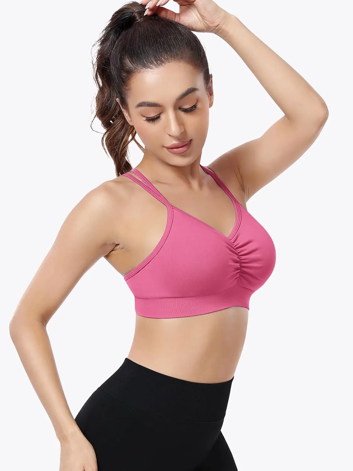 VEQKING Ruched Strappy Sports Bras for Women Seamless Medium Support Padded Breathable Yoga Bra 3 Pack
