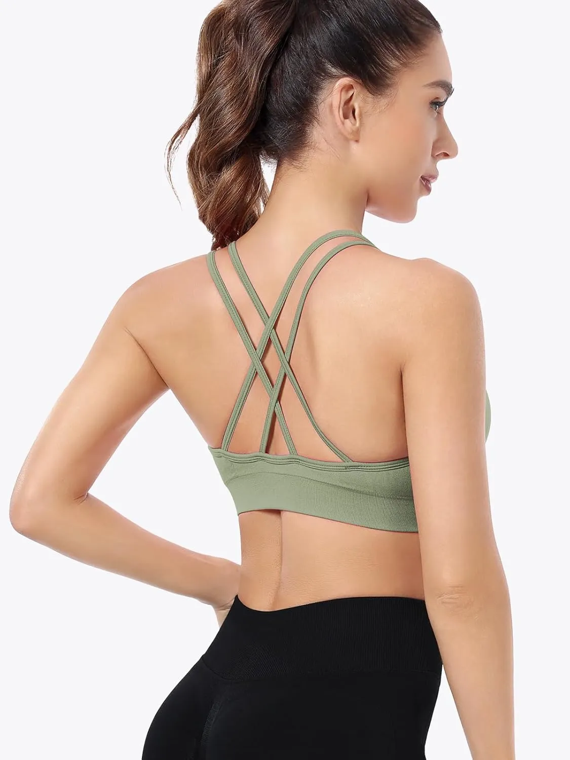 VEQKING Ruched Strappy Sports Bras for Women Seamless Medium Support Padded Breathable Yoga Bra 3 Pack