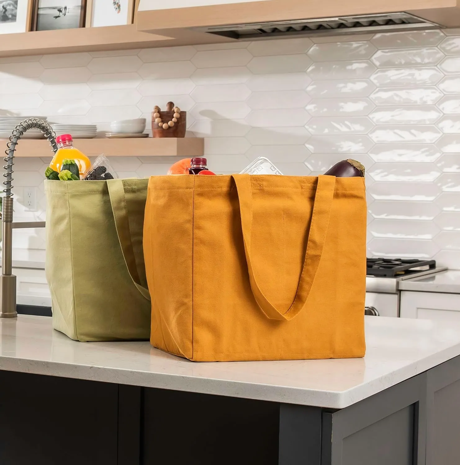 VeraMia Canvas Grocery Bag 3pc XL Set with Real Pockets, Long Shoulder Strap and Short Handle. Heavy Duty, Foldable, Washable