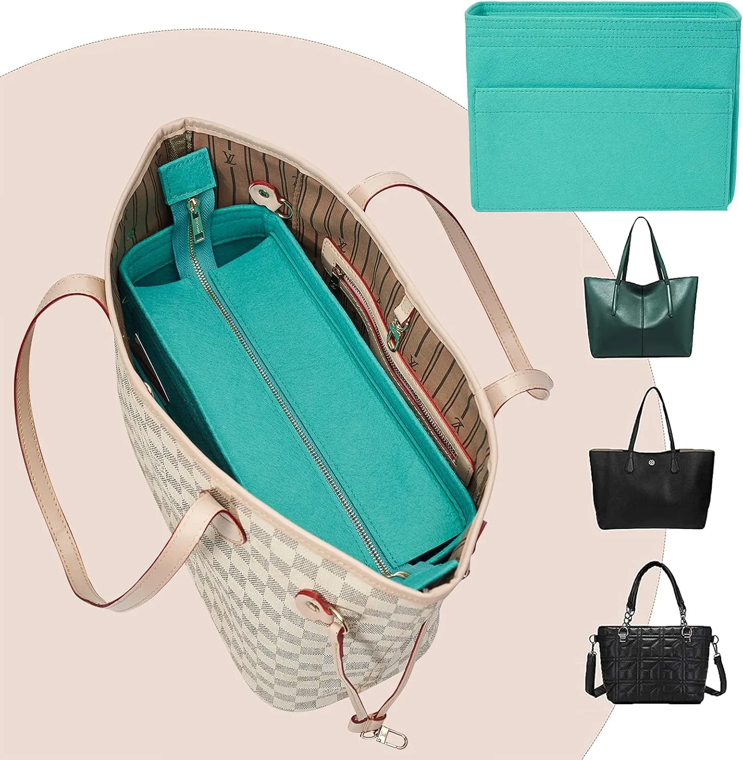Vercord Felt Zipper Handbag Tote Purse Duffel Backpack Organizer Insert Lake Blue Medium