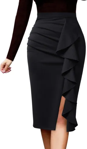 VFSHOW Women Elegant Ruched Ruffle Slit Work Business Party Pencil Skirt