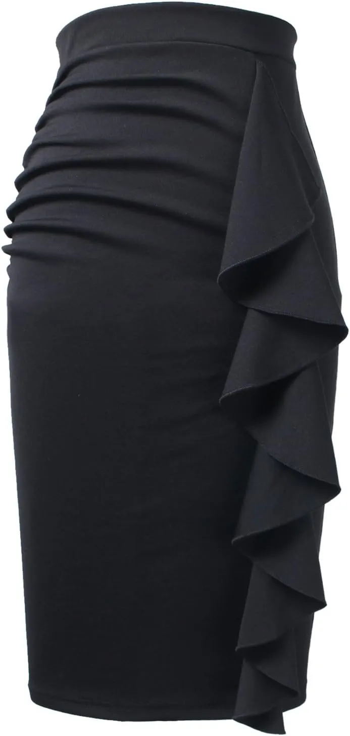 VFSHOW Women Elegant Ruched Ruffle Slit Work Business Party Pencil Skirt