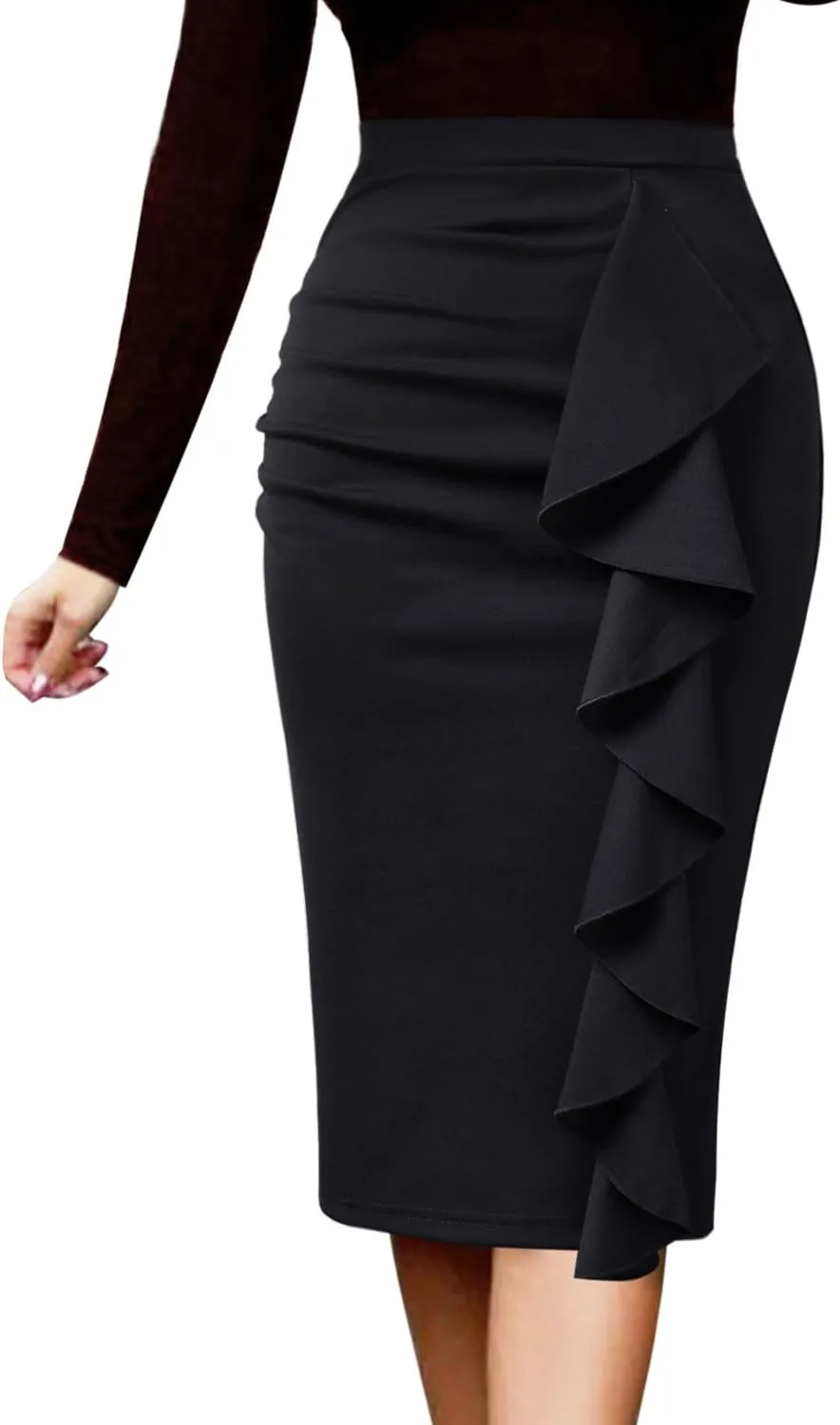 VFSHOW Women Elegant Ruched Ruffle Slit Work Business Party Pencil Skirt