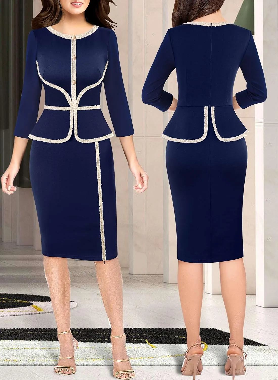 VFSHOW Womens Buttons Peplum Split Work Business Office Church Pencil Sheath Dress