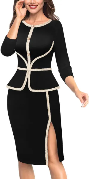 VFSHOW Womens Buttons Peplum Split Work Business Office Church Pencil Sheath Dress