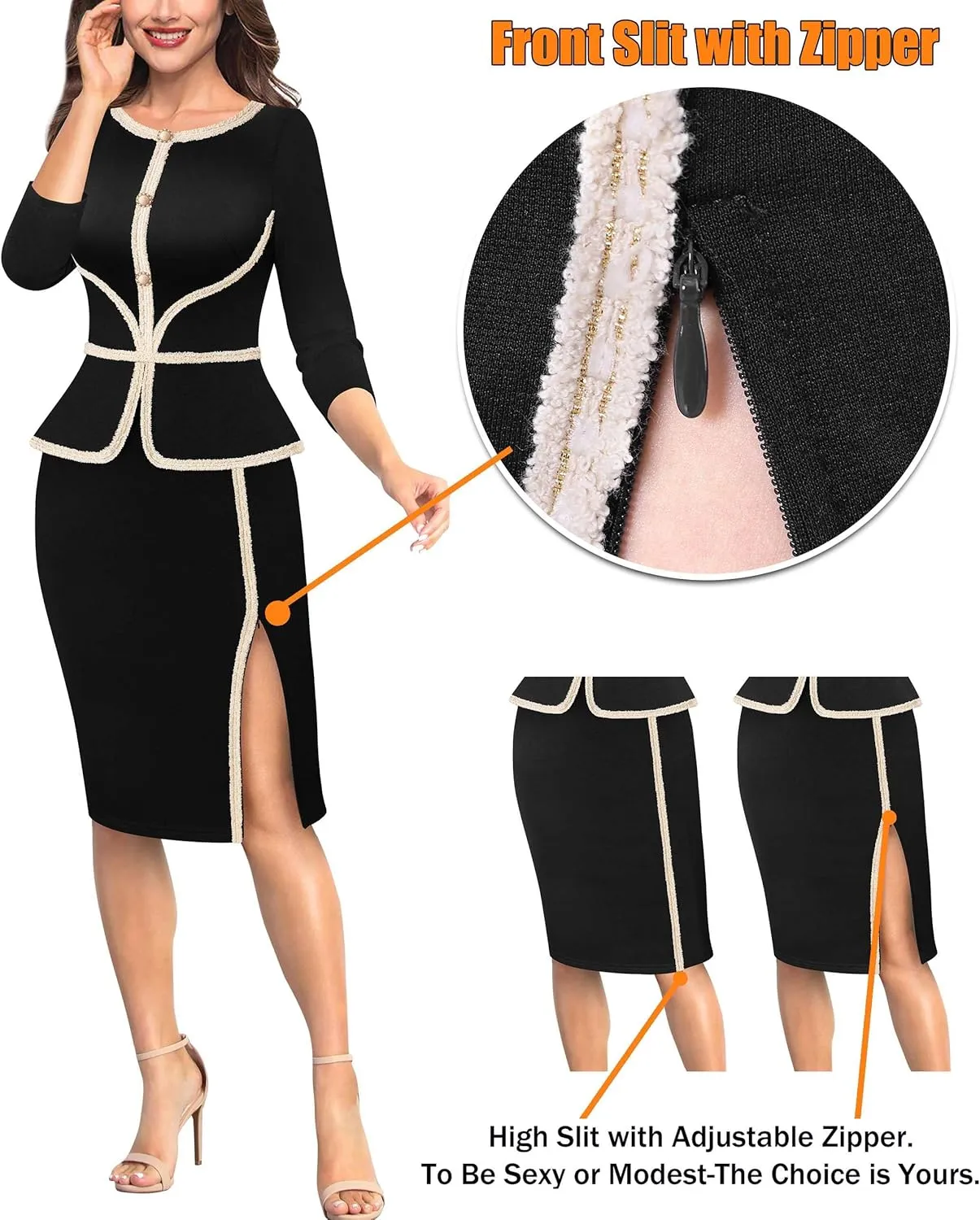 VFSHOW Womens Buttons Peplum Split Work Business Office Church Pencil Sheath Dress