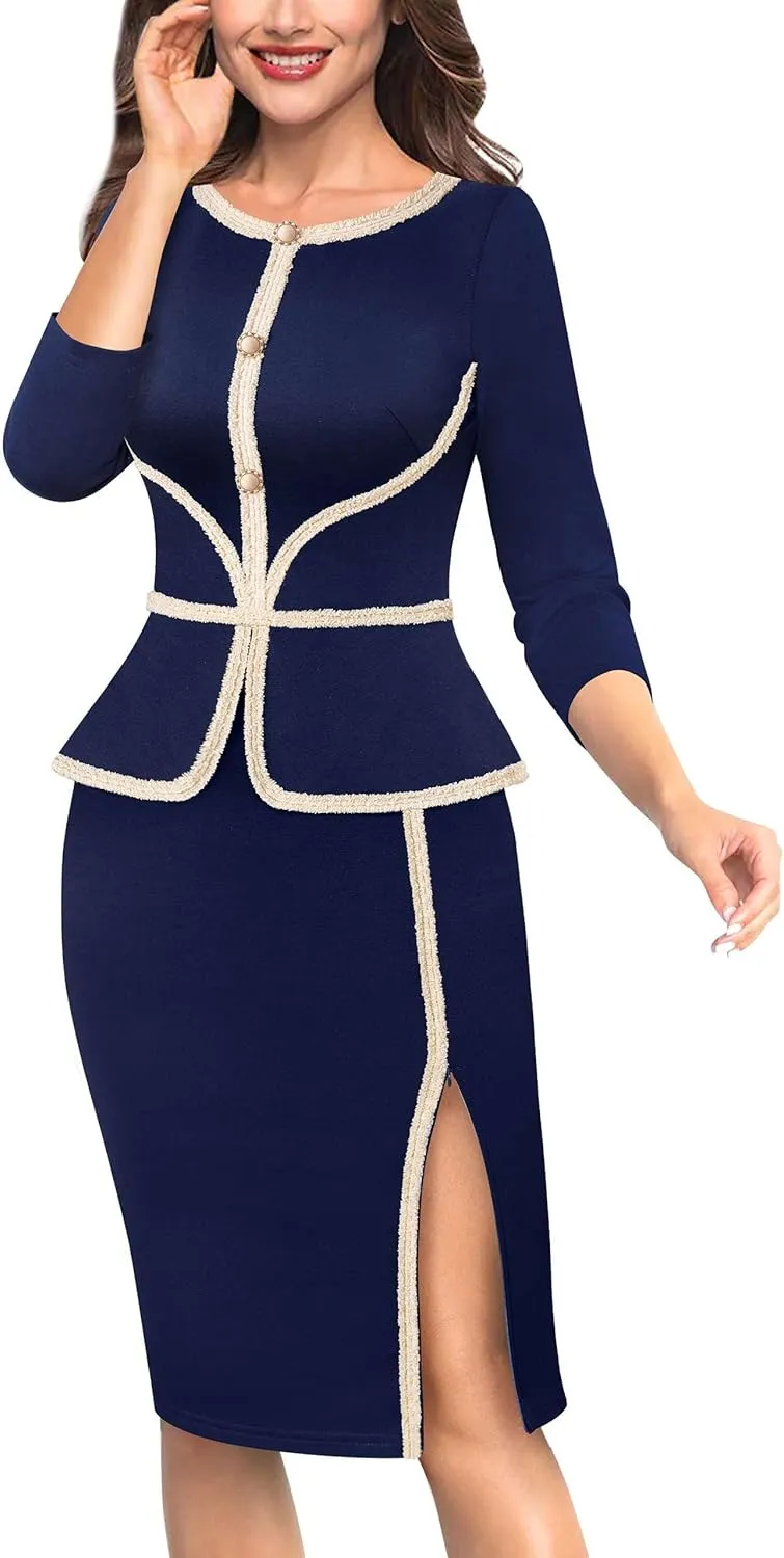 VFSHOW Womens Buttons Peplum Split Work Business Office Church Pencil Sheath Dress