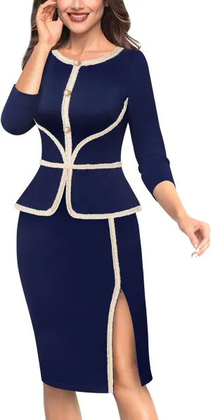 VFSHOW Womens Buttons Peplum Split Work Business Office Church Pencil Sheath Dress
