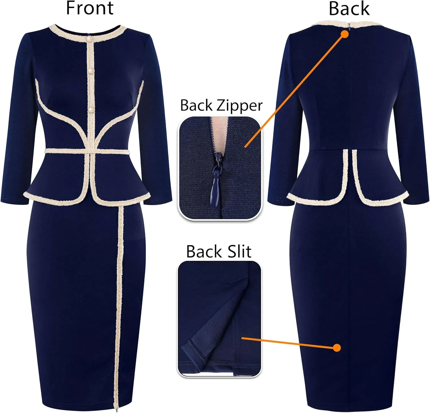 VFSHOW Womens Buttons Peplum Split Work Business Office Church Pencil Sheath Dress